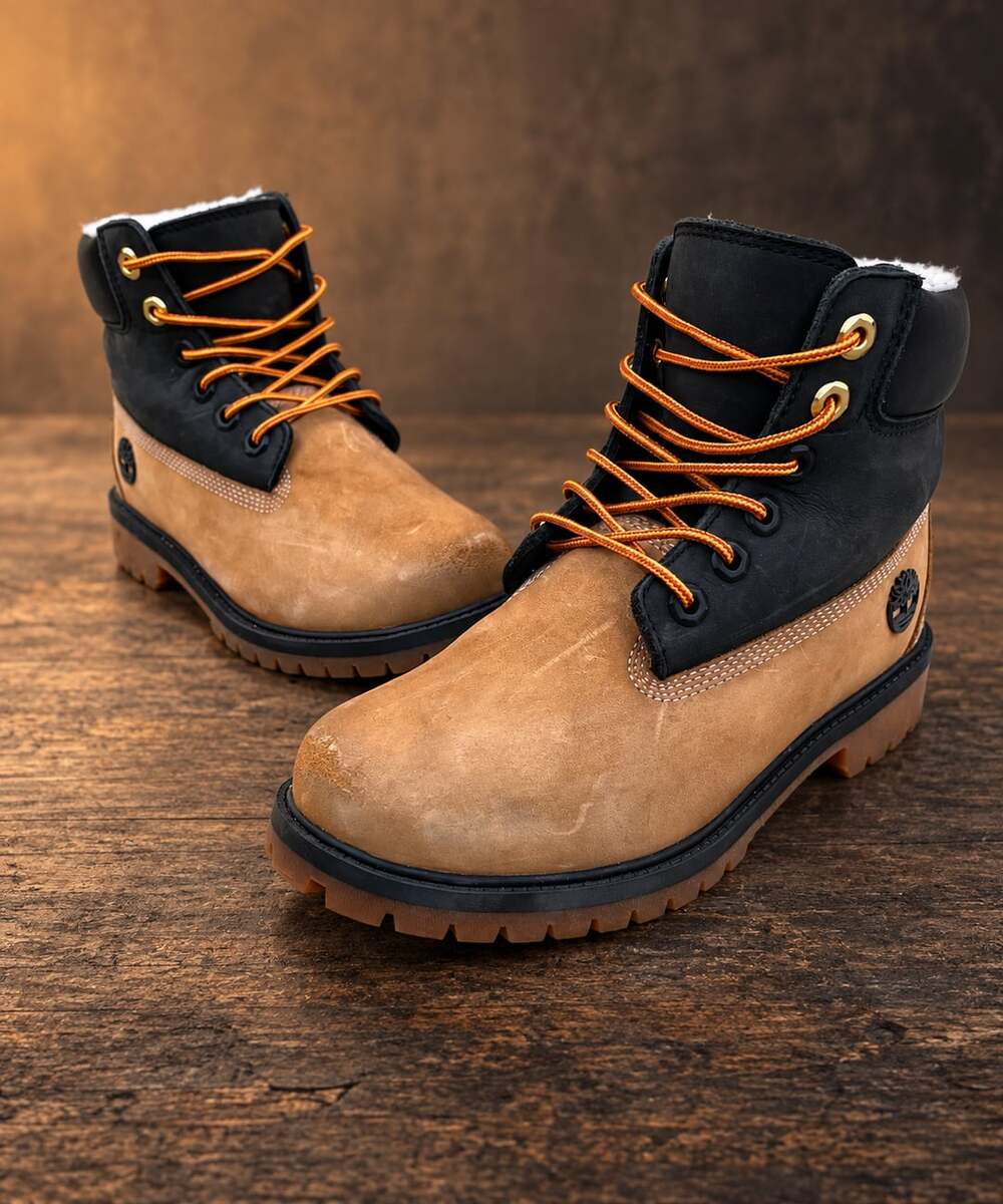 Timberland Boys 6” Wheat Black Shearling Boots A2MZY Youth Size 6 EU 39
